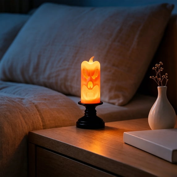 Halloween Pumpkin Lantern Candle Holder with Skull Decor Tabletop Lamp,B