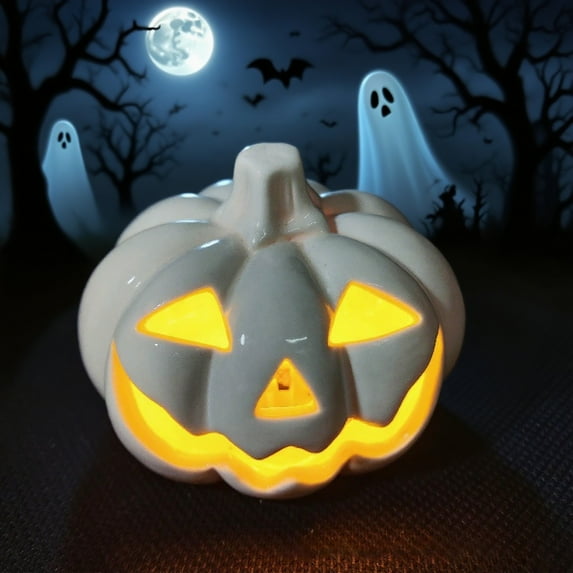 Halloween Pumpkin Lantern Ceramic Luminous Desktop Decoration, Orange or White, Single or Double Layer Style, Glowing Tabletop Scene Setting Ornaments