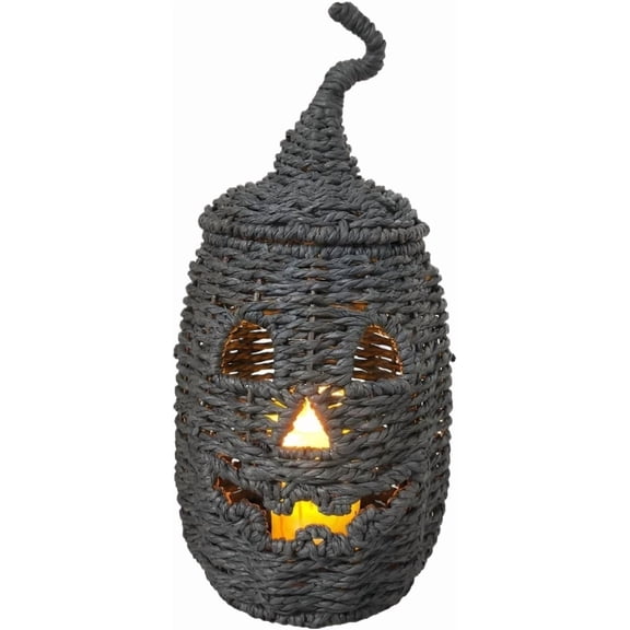 Halloween Pumpkin Lantern Decor, Handwoven Jack-O-Lantern Light, Rustic Wicker Pumpkin Lamp for Indoor Outdoor Halloween Party Porch Table Fireplace Farmhouse Decor