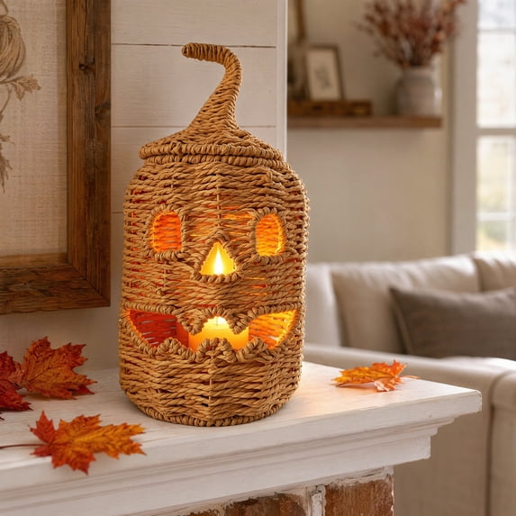 Halloween Pumpkin Lantern Decor,Handwoven Wicker Jack-O’-Lantern with LED Candle,Basket Light for Porch,Table,Fireplace, Indoor Outdoor Party