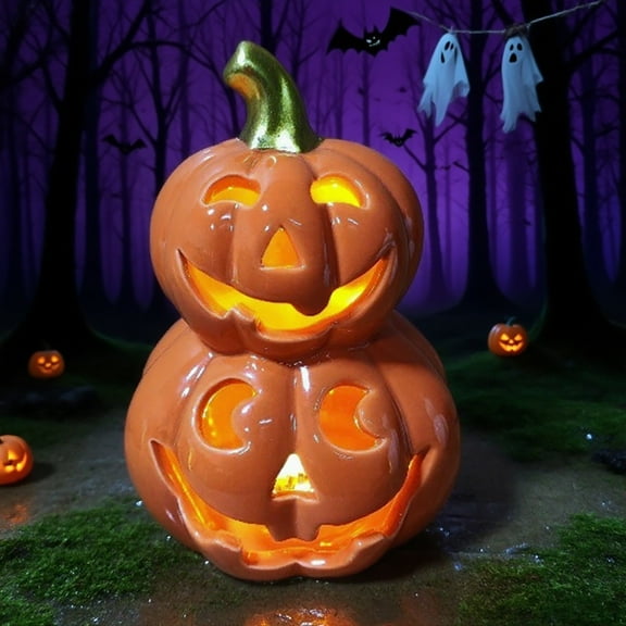 Halloween Pumpkin Lantern Decoration, Ceramic Glowing Pumpkin Light for Tabletop Decor, Luminous Halloween Ornaments for Party Home Office and Holiday Scene Setup