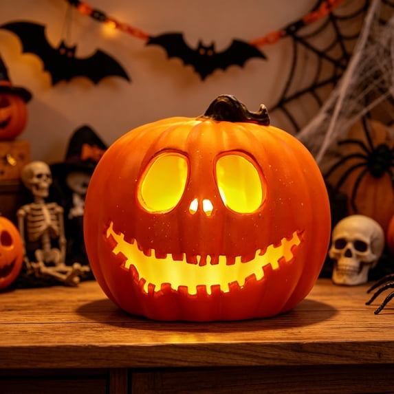 Halloween Pumpkin Lantern, Decorative Pumpkin Glowing Lantern, Large Orange Plastic Pumpkin, Classic Spooky Halloween Decorations