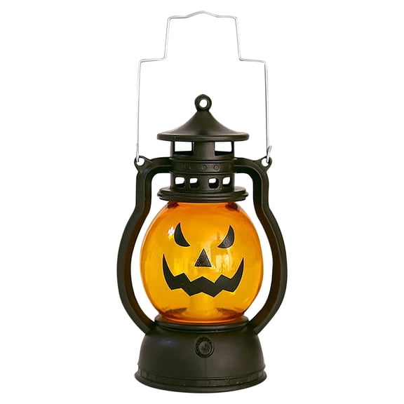 Halloween Pumpkin Lantern with Flickering LED, Portable Jack-O-Lantern for Halloween, Vintage Halloween Lamp Handheld Lantern Oil Lamp for Halloween Decorations Indoor & Outdoor, Orange(B)