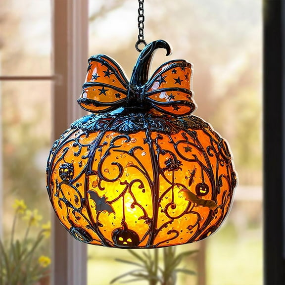 Halloween Pumpkin Lantern Ornaments, 3.15in Stained Glass Window Hanging, Halloween Evil Pumpkin Suncatcher for Doors Garden, Spooky Orange Gothic Decor, Horror Gifts for Friends​