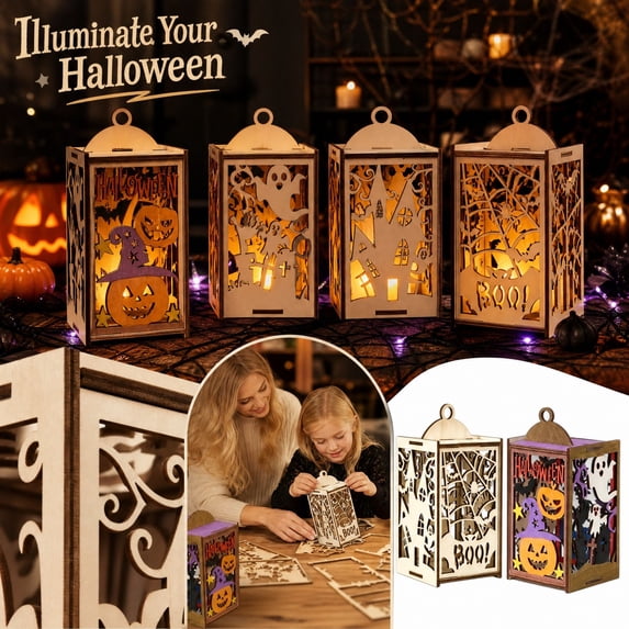 Halloween Pumpkin Lantern Wooden Square Carved Pumpkin Decor, Hanging Halloween Decorations for Home Table Centerpiece Fall Decor, Halloween Party Decorations Rustic Fall Decor