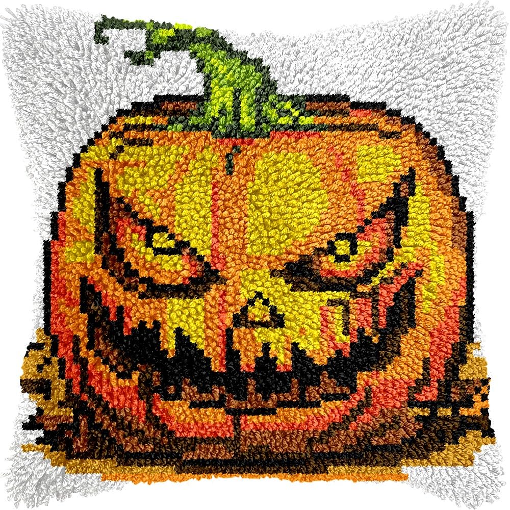 Spooky Pumpkin Latch Hook Pillow Kits for DIY Throw Pillow Cushion Embroidery Latch Hooking Pillowcase Kits with Preprinted Canvas Crochet Yarn Kits for Home Decor 17''X 17''(d314)