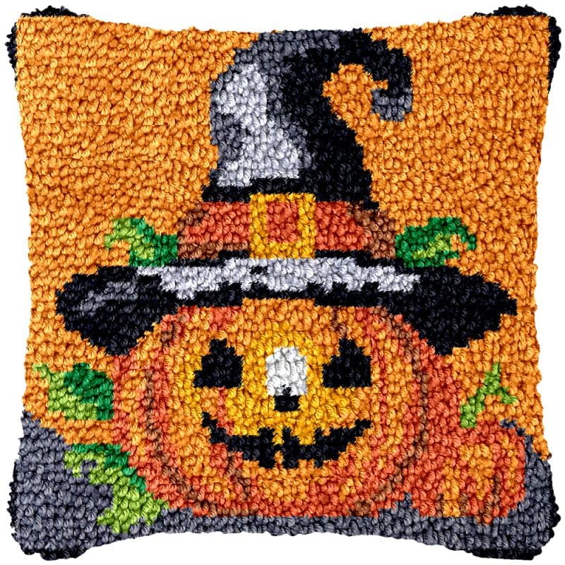 Halloween Pumpkin Latch Hook Pillow Cover Kits for DIY Handmade Throw Pillow Cross Stitch Latch Hook Pillowcase Rug Kits with Preprinted Color Pattern Canvas Crochet Yarn Kits 17''X 17''(ch188)