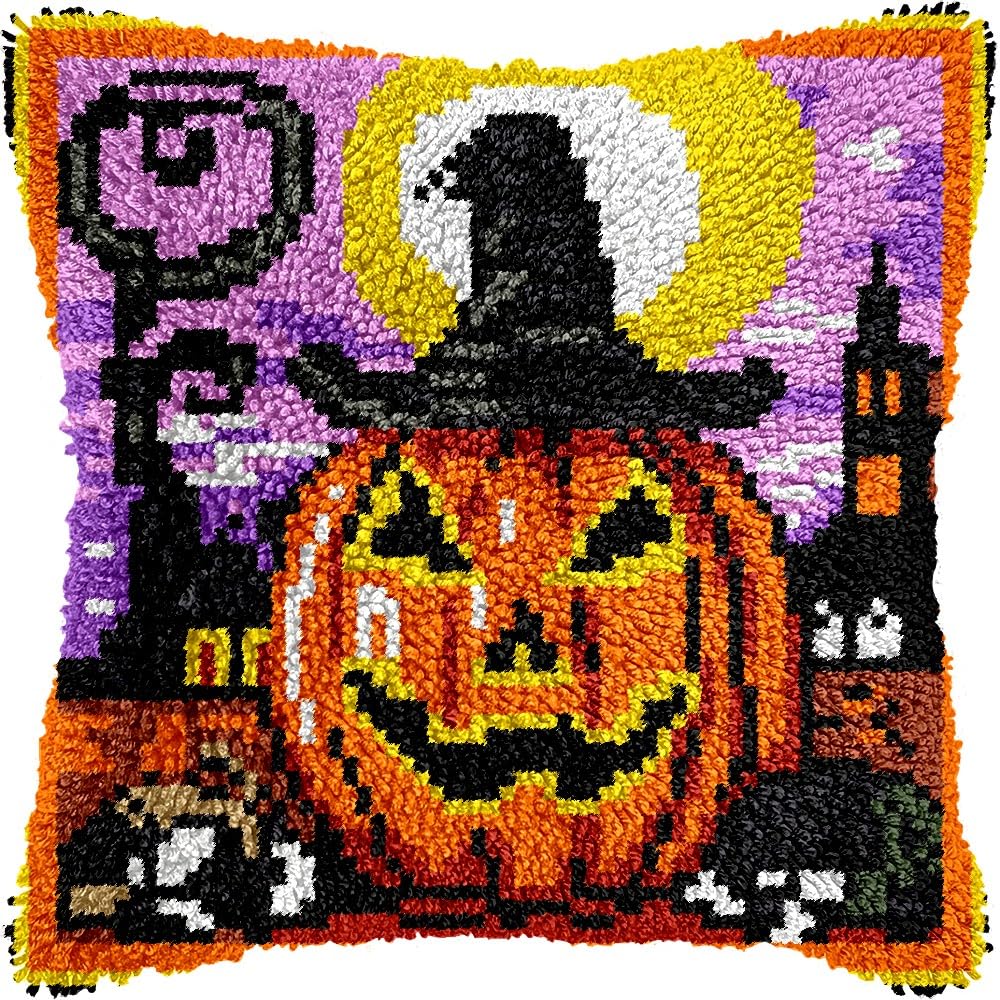 Halloween Pumpkin Latch Hook Pillow Kits for DIY Handmade Throw Pillow Cushion Embroidery Latch Hooking Pillowcase Kits with Preprinted Canvas Crochet Yarn Kits 17''X 17''(g7)