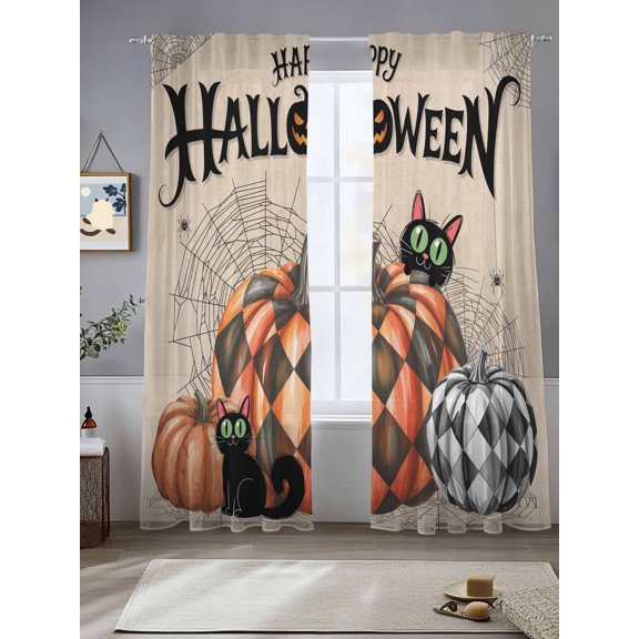 Halloween Pumpkin Lattice Black Cat Chiffon Sheer Curtains 84 Inches Long Spiders- Web Gothics Style Rod Pocket Window Curtains Voile Drapes Curtains for Living Room Bedroom,2 Panels