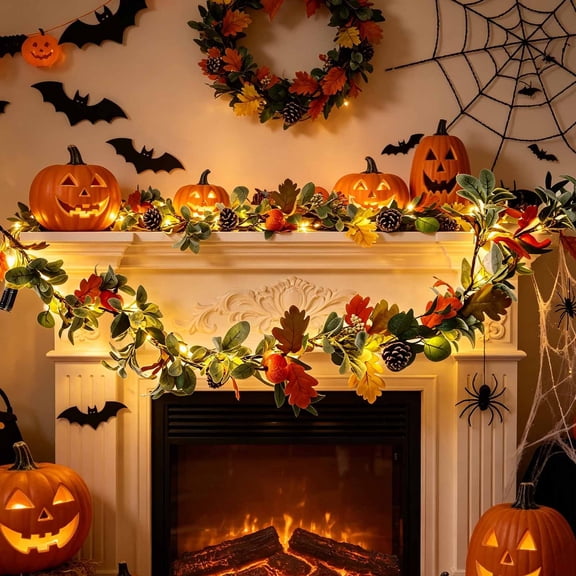 Halloween Pumpkin Leaf Artificial Fall Garland, Waterproof Fade Resistant Bendable Easy Fold Storage Flexible Vine Design, Door Frame Wall Accent for Halloween Yard Indoor Spooky Scene Setup