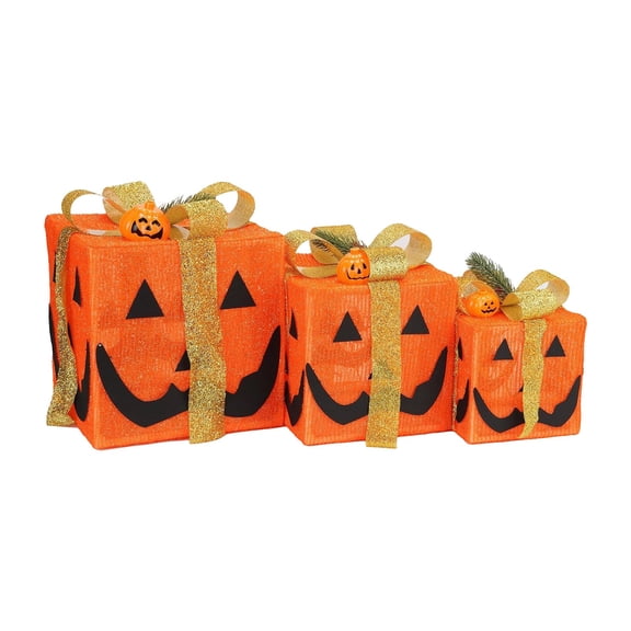 Halloween Pumpkin Light, 3Pcs 3 Size Box Shaped Ornaments with Devil Face & Ribbon, Battery Powered Glow Decor for Home Desk Party Mall Display, Autumn Centerpiece Table Accent