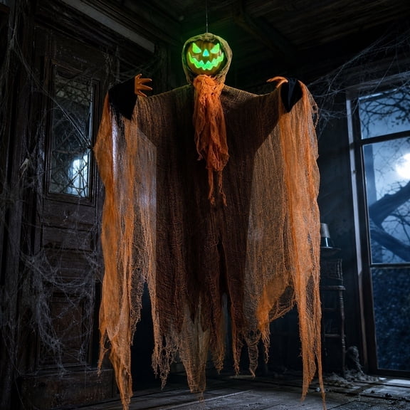 Halloween Pumpkin Light Up Sounds Emitting Hanging Ghost Decoration for Parties, Dynamic Rotating Effect, Plastic, Orange, 1 Count