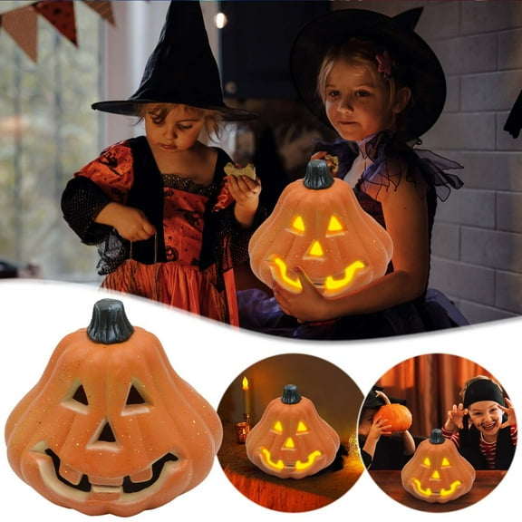 Halloween Pumpkin Lights, 7.9*7.5" Vintage Halloween Decorations Classic Plastic Pumpkin Statue, Light Up Table Decor for Home Garden Yard Porch Fireplace Home Kitchen Fall Party Supplies