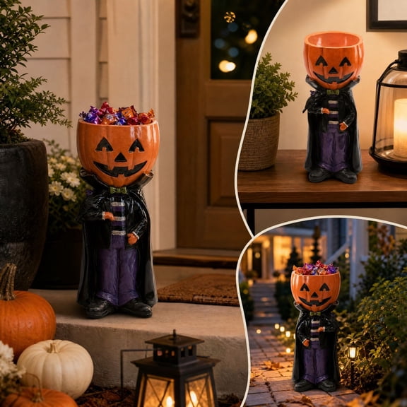 Halloween Pumpkin Man Candy Bowl Statue, Resin Jack O Lantern Treat Holder Porch Tabletop Holiday Decor Figurine