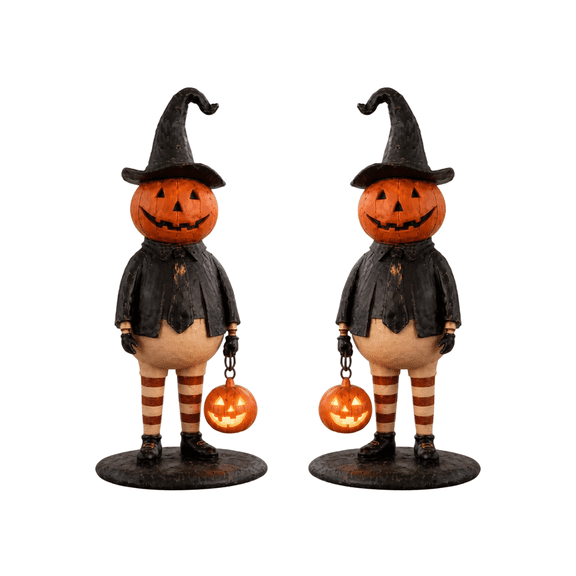 Halloween Pumpkin Man Statue with Curved Witch Hat, Light Up Jack O Lantern, Distressed Resin Vintage Figurine, Farmhouse Indoor Mantel Halloween Tabletop Decor for Fall Party 2pc