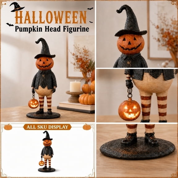 Halloween Pumpkin Man Statue Vintage Primitive Resin Holiday Statue, Light Emitting Pumpkin Lantern Accessory, Indoor Table Mantel Decor for Halloween Autumn Party Supplies
