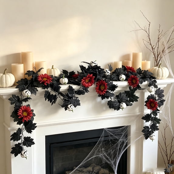 Halloween Pumpkin Maple Leaf Garland Artificial Fall Garland with Pumpkins for Fireplace Mantel Front Door Stair Railing Wall Indoor Outdoor Decoration 68.9 inch D