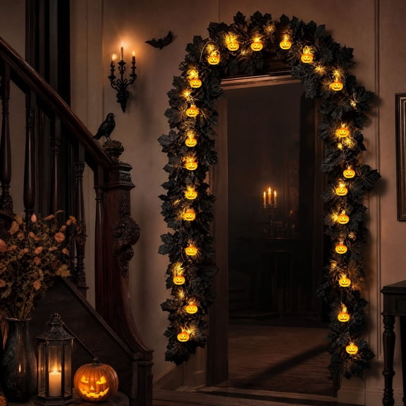 Halloween Pumpkin Maple Leaf Garland with Lights, 6.56ft Black Artificial Vine Garland with Warm LED Jack-o'-Lanterns, Spooky-Cozy Hanging Decor for Mantel, Door & Party