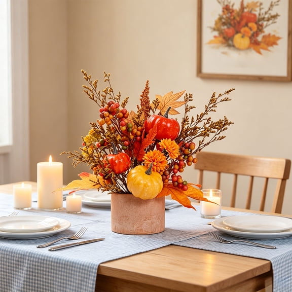 Halloween Pumpkin Maple Leaf Potted Plants, Artificial Fall Maple Leaves Rice Ear Arrangement, Harvest Festival Farmhouse Table Centerpiece Decor for Home Office Shelf