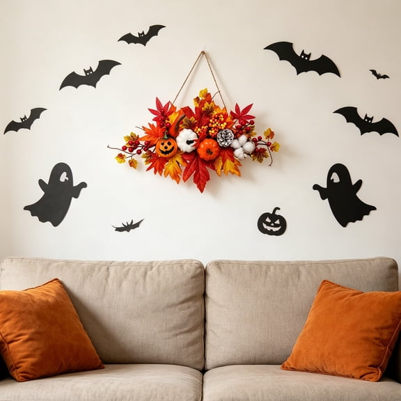 Halloween Pumpkin Maple Leaf Wall Hanging Wreath Fall Harvest Front Door Autumn Home Porch Decor