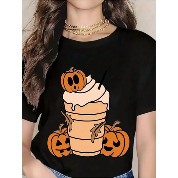 Halloween Pumpkin Milkshake T-Shirt For Women - Cute Jack O' Lantern Cartoon Design, Autumn Fall Festival Tee, Funny Halloween Costume Shirt, Seasonal Party Wear, Casual