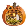thumbnail image 1 of Halloween Pumpkin Miniature Dollhouse with LED Lights, Wooden Pumpkin Diorama with Ghost Cafe Scene, Fall Tabletop Decor for Holiday Display, 1 of 5