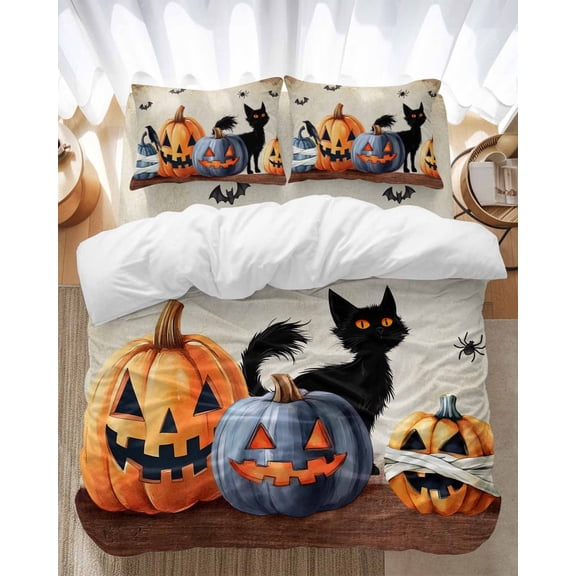 Halloween Pumpkin Monster Bedding Duvet Cover Set Queen Size 4 Pieces Black Cat Pumpkin Bats Wood Bedding Set with Zipper Closure, 1 Comforter Cover 90x92 Inches 1 Flat Sheet & 2 Pillow Cases