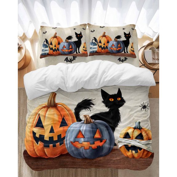 Halloween Pumpkin Monster Bedding Duvet Cover Set Queen Size 4 Pieces Black Cat Pumpkin Bats Wood Bedding Set with Zipper Closure, 1 Comforter Cover 90x90 Inches 1 Flat Sheet & 2 Pillow Cases