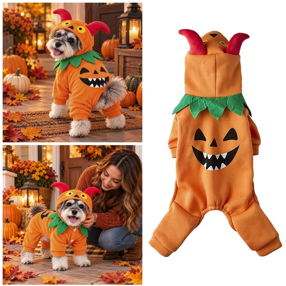 Halloween Pumpkin Jumpsuit, Hooded Pet Outfit with Sculpted Horn Hood, Warm Four Leg Cover for Porch Parties and Photos