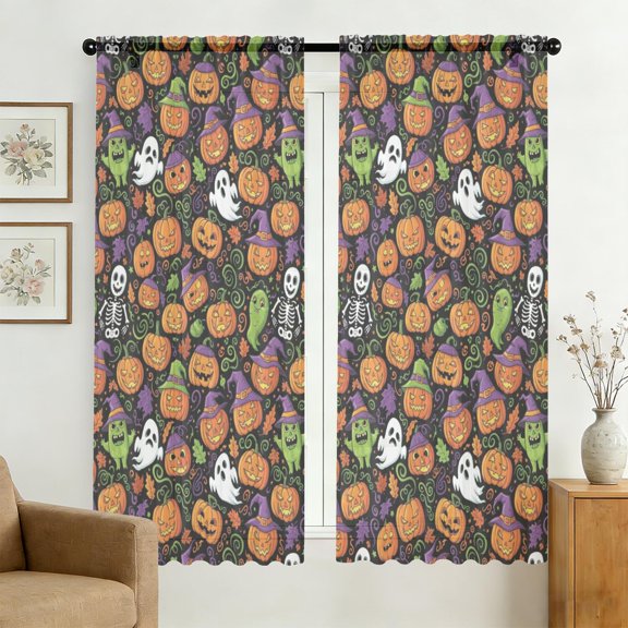 Halloween Pumpkin Monster Sheer Curtains, Voile Drapes with Dual Rod Pocket, Easy Install Gifts for Living Room Bedroom,42"x63"