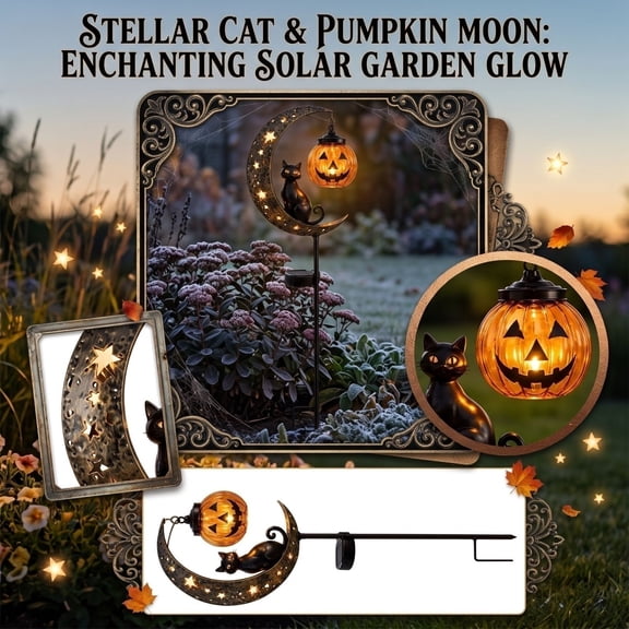 Halloween Pumpkin Moon Stake Light, 33.4in Solar Metal Cut-Out Silhouette With Warm Ground Shadow Effect, Weather-Resistant Yard Accent For Pathway Edging color