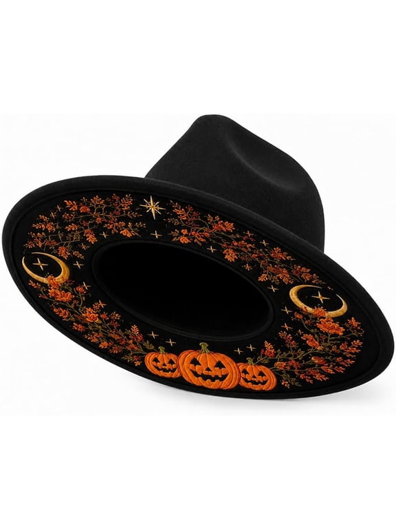 Halloween Pumpkin Moon Star Fedora Hat for Women Men, Black Wide Brim Felt Panama Hat with Underbrim Embroidery, Gothic Jazz Cap for Cosplay Party Costume, One Size 56-58cm