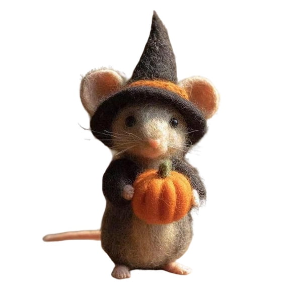 Halloween Pumpkin Mouse with Witch Hat, Adorable Handmade Wool Felt Mouse Figurine, Cute Needle Felted Mouses Ornament, Autumn Home Decoration for Home, Shelf, or Party Display
