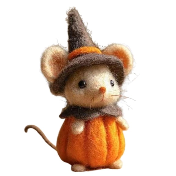 Halloween Pumpkin Mouse with Witch Hat, Adorable Handmade Wool Felt Mouse Figurine, Cute Needle Felted Mouses Ornament, Autumn Home Decoration for Home, Shelf, or Party Display
