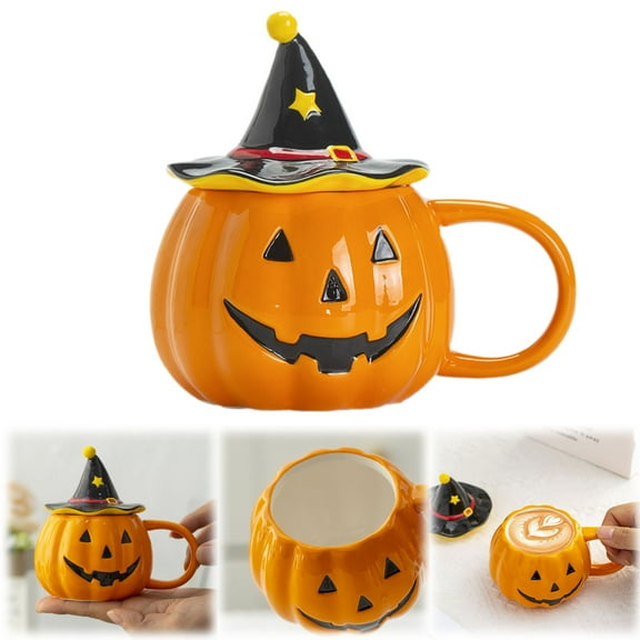 Halloween Pumpkin Mug Decorations, Happy Halloween Pattern Mug with Lid, Ceramic Cute Pumpkin Coffee Cup Halloween Birthday Tabletop Drinkware Gifts for Adults Kids Women, 5.35x3.74x4.92"