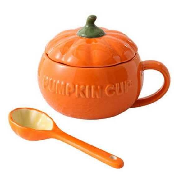 Halloween Pumpkin Mug Set: Ceramic Coffee Cup with Lid, Spoon Candy Bowl. Fall Autumn Gift for Her, Women, Hostess. Thanksgiving, Birthday Present, Cozy Home Accessory.
