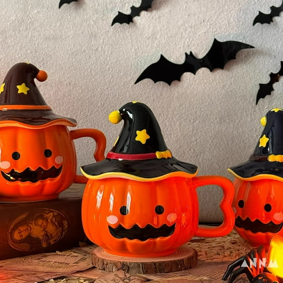 Halloween Pumpkin Mug with Lid Cute Ceramic Wizard Hat Cup for Coffee Hot Chocolate & Cold Drinks 5.62x3.54 Inch Festive Gift for Parties & Decor