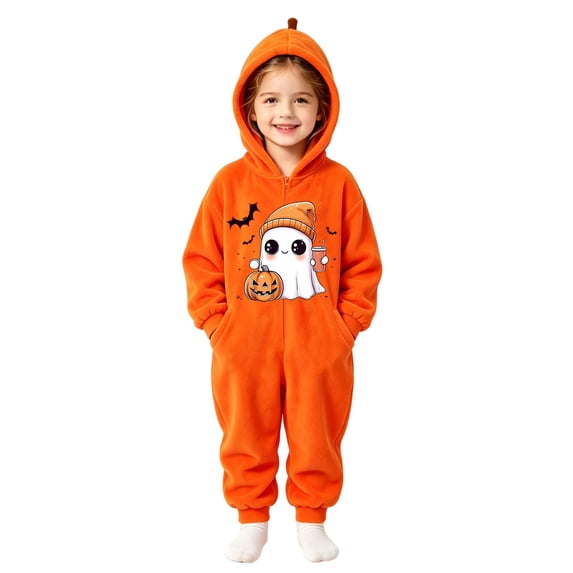 Halloween Pumpkin Onesie Costume, Flannel Hooded Pumpkin Pajamas with Ghost and Black Cat Print, Oversized Jumpsuit Fit for Halloween Party, Cozy Loungewear and Sleepwear