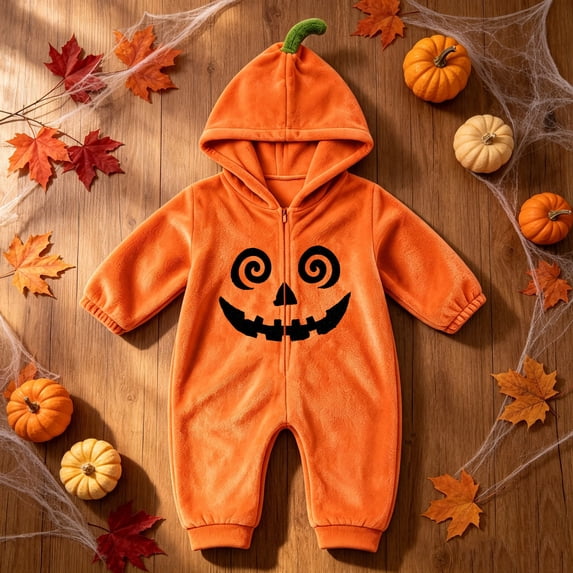 Halloween Pumpkin Onesie Long Sleeve Romper For Boys Girls Plush Hooded Jumpsuit One Piece Loungewear Costume Orange 04 2-3 Years