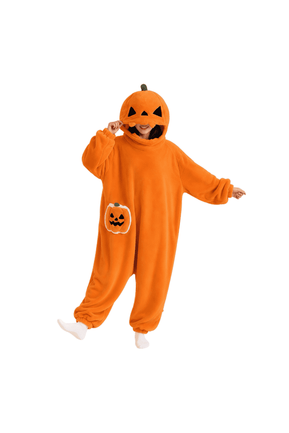 Halloween Pumpkin Onesie Pajamas, Oversized Plush Fleece Hooded One Piece for Sleep & Halloween, Christmas Party (XL)