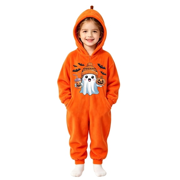 Halloween Pumpkin Onesie Pajamas, Soft Flannel Hooded Jumpsuit with Ghost Print, Oversized Fit Cozy Loungewear for Halloween Party, Trick or Treat and Seasonal Sleepwear
