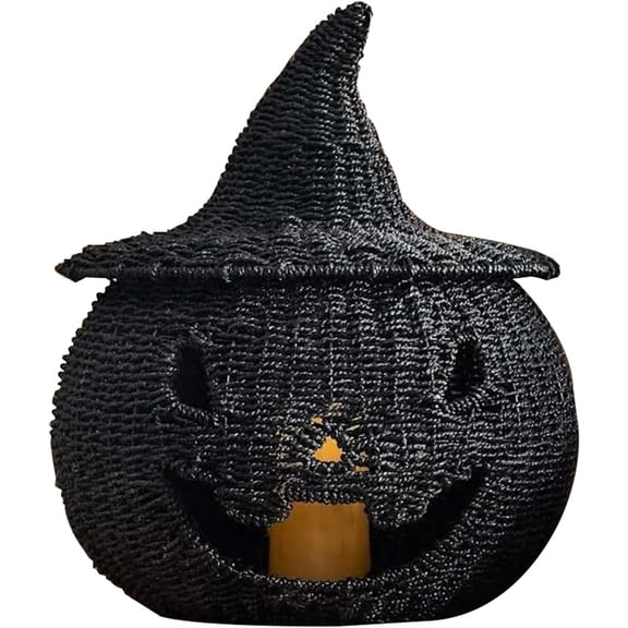 Halloween Pumpkin Ornaments, Halloween Seagrass Woven Pumpkin Lantern Candle Holder, Spooky Halloween Fall Indoor Party Porch Table Fireplace Decorative