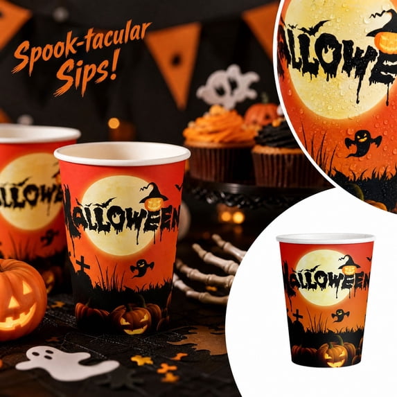 Halloween Pumpkin Paper Cups 9 oz Disposable Party Drink Cups for Halloween Theme Gatherings Tableware Supplies Pack