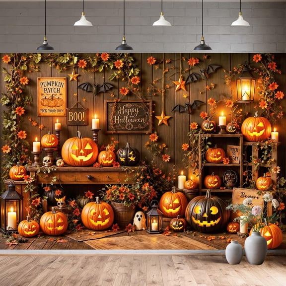 Halloween Pumpkin Patch Backdrop, Rustic Wooden Wall with Jack-O'-Lanterns & Fall Floral, 7x5FT Photography Background for Party Decor, Photo Booth Props