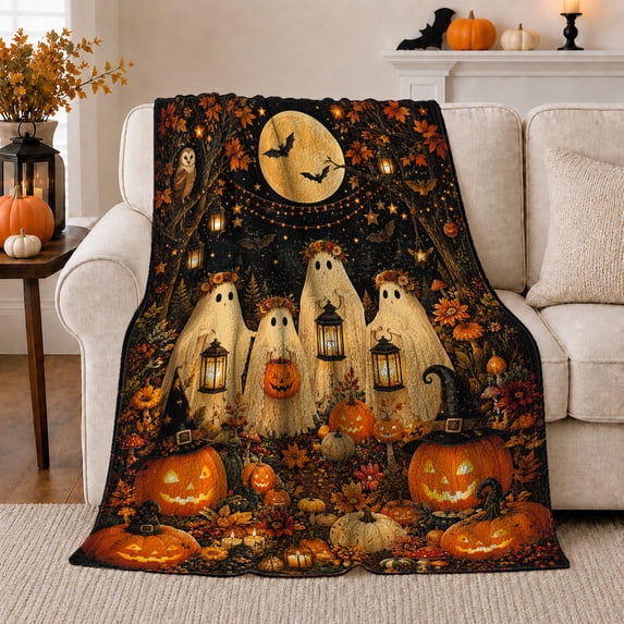 Halloween Pumpkin Patch Ghosts Lanterns, Festive Halloween Scene, Warm Flannel Blanket for Living Room and Family Room, Art Lovers Halloween Gift, Festive Home Decor