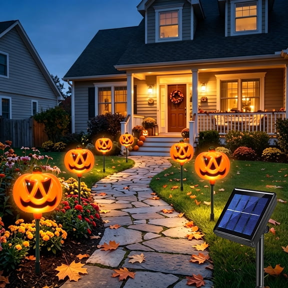 Halloween Pumpkin Path Marker Lights for Outdoor Use, IP65 Halloween Decorative Path String Lights with 6 Pumpkin Stake Lights, Suitable for Outdoor Garden Paths, Courtyards, Lawns, and Party Decorat