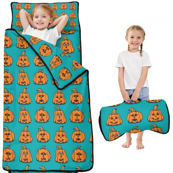 Halloween Pumpkin Pattern Toddler Nap Mats for Kids Preschool,50"x20" Sleeping Mat Bag or Kids,Toddler Sleeping Bag,Toddler Nap Mat or Daycare