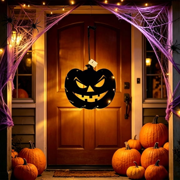 Halloween Pumpkin Pendant LED Light, 6x7 Inch Window Hanging Ornament with Warm LED Beads, Battery Operated Halloween Party Window Decor