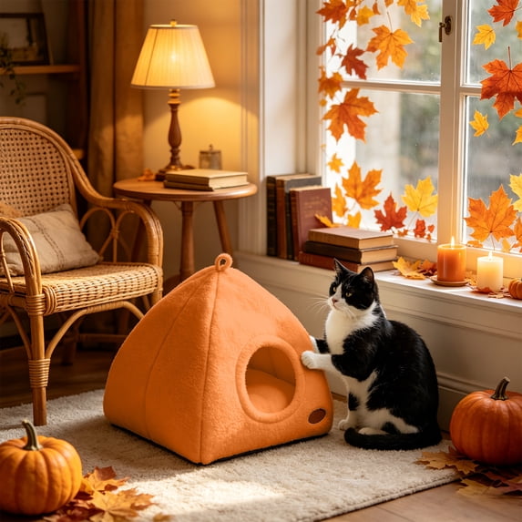 Halloween Pumpkin Pet Bed - Warm Cozy Sleeping Hut for Small Medium Cats Dogs, Thanksgiving Themed Enclosed Cave with Soft Cushion for Indoor Outdoor