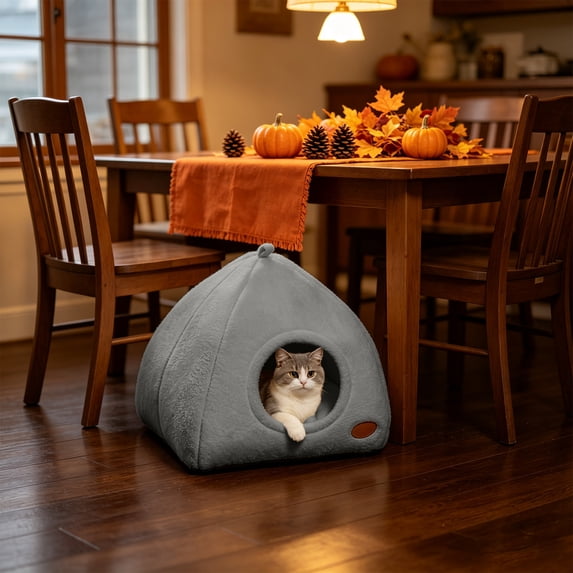 Halloween Pumpkin Pet Bed - Warm Cozy Sleeping Hut for Small Medium Cats Dogs, Thanksgiving Themed Enclosed Cave with Soft Cushion for Indoor Outdoor